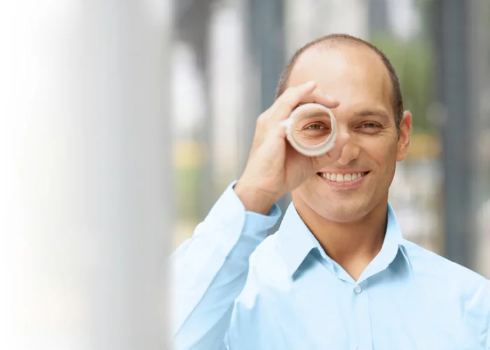 Mann guckt durch Rolle